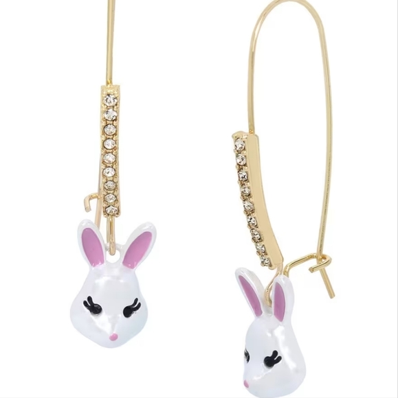 Easter Betsy Johnson Bunny Crystal Enamel Dangle Drop Wire Earring, New - Picture 2 of 8